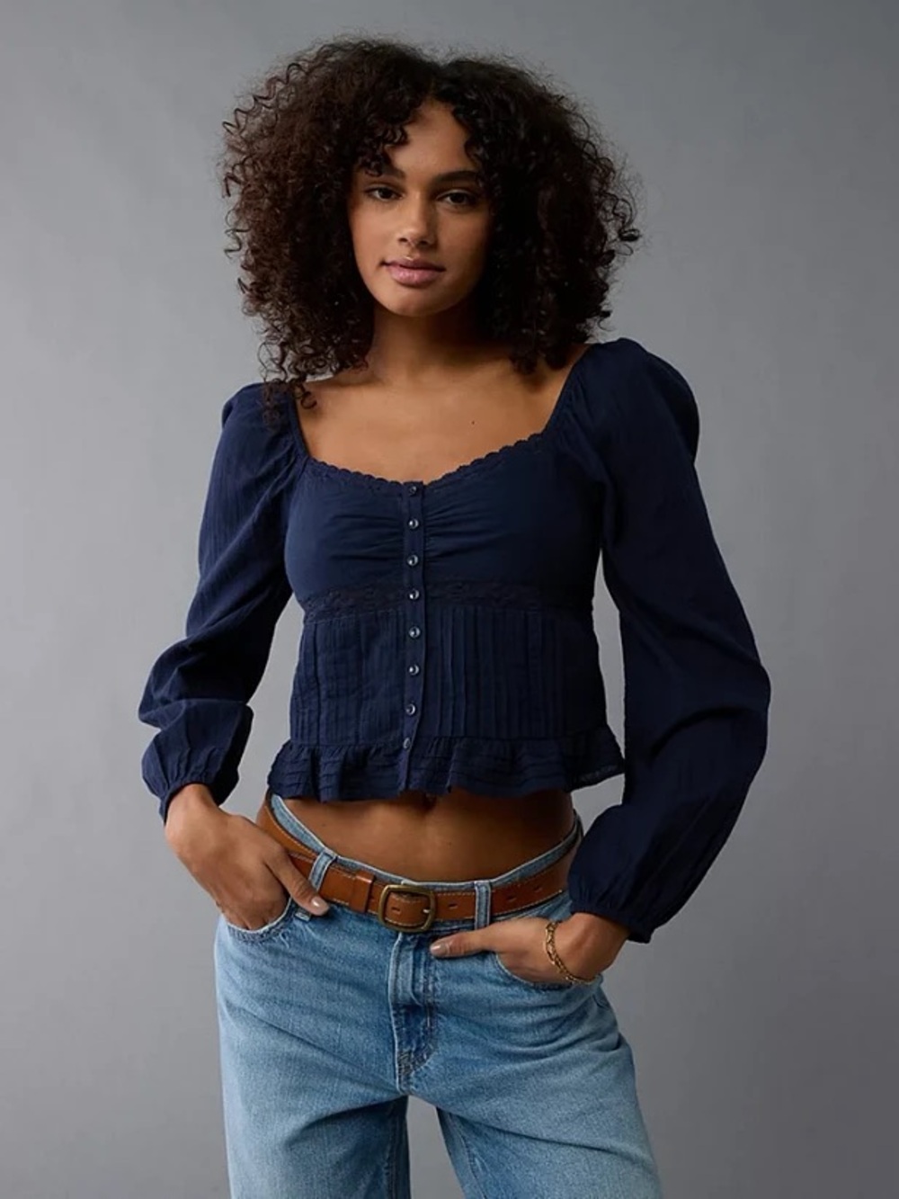 American Eagle Navy Cinched Long Sleeve Blouse